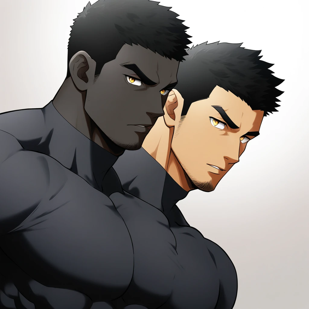 one negro, anime characters：Gyee, Hibino Kafka, Muscle Sports Student, negro black skin, Very Black, 1 muscular tough guy, Manliness, male focus, Dark grey turtleneck tight T-shirt,  Regular symmetrical pattern, Very tight, The pectoral muscles are oversized, muscular male, muscular, only, Upper body, alone, Black short hair, Thick eyebrows, stubble, Yellow eyes, White background, simple background, amazing quality, best aesthetics, Ridiculous, bright pupils, crew cut, parted lips, seductive smile, torogao, naughty face, best quality