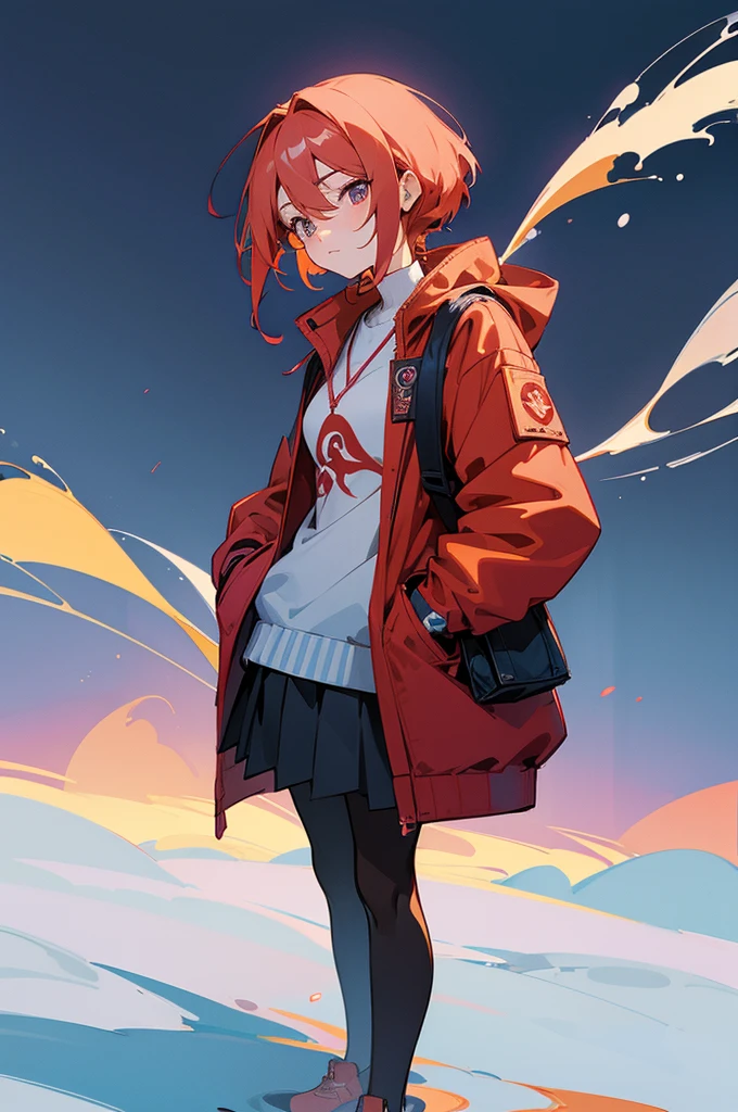 ((Best quality)), HD, 4K, ((masterpiece)), (detailed)), (masterpiece), a woman in a skirt and jacket holding a bag and a bag, guweiz, artwork in the style of guweiz, promo art, style anime, anime moe artstyle, high quality anime artstyle, anime visual of a cute girl, marin kitagawa fanart, modern anime style, made with anime painter studio, anime artstyle, an anime girl, with a intence red color in her hair, no ia style, hands inside her pockets, dame eyes
