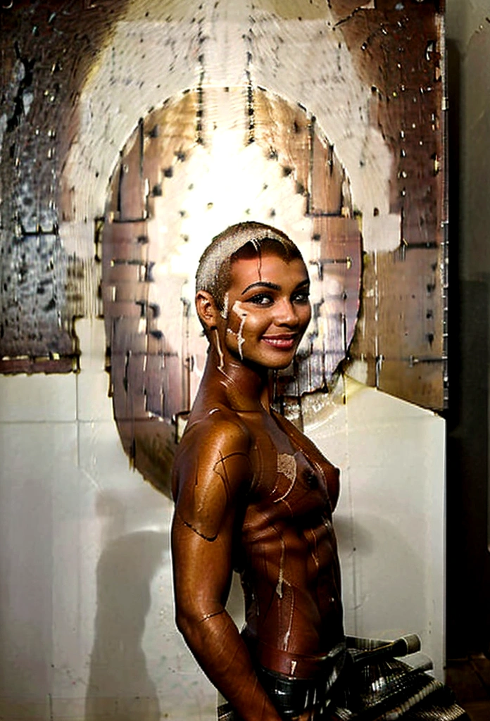 (Black woman, dark skin, 18 years old, textured skin, incredibly beautiful, honey eyes, (muscular), muscular legs, (bodybuilder), (toned abs), big ass, realistic facial details , beauty in the golden ratio, ((((shaved head))))), ((wearing bdsm style collar)), (earrings, makeup, red lips, smiling), (no clothes), (naked)
