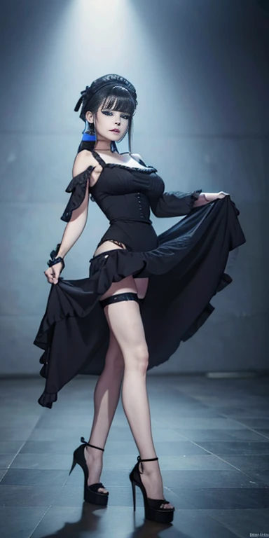 Hermosa chica cabello amarillo, ojos azules piel blanca delineador de ojos, gothic makeup voluminous lips, cuerpo completo 1.2, slender big oppais thin waist and wide hips legs spread high heels resolution levels 12k image 1.2 high resolution wallpaper