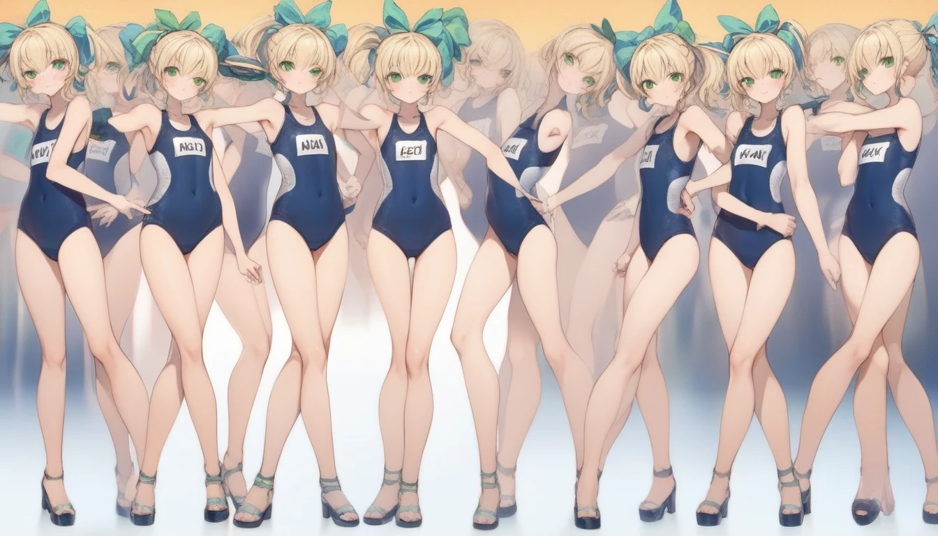 Short stature,flat chest, clone girls, blond hair, green eyes,roll(mega man classic),swimsuit roll(mega man x dive old design),high ponytail hair,Sleeveless navy one piece old type school swimsuit with white stripes from armpit to flank,white name tag, navy heeled sandals, green ribbon,human appearance,same height,same appearance, same face,fill the entire image, absolutely everyone, many clone, masterpiece, best quality,insanely detailed, 20000+ clone girls, perfect features,multiple clone girls,same school swimsuit,same hair,official art