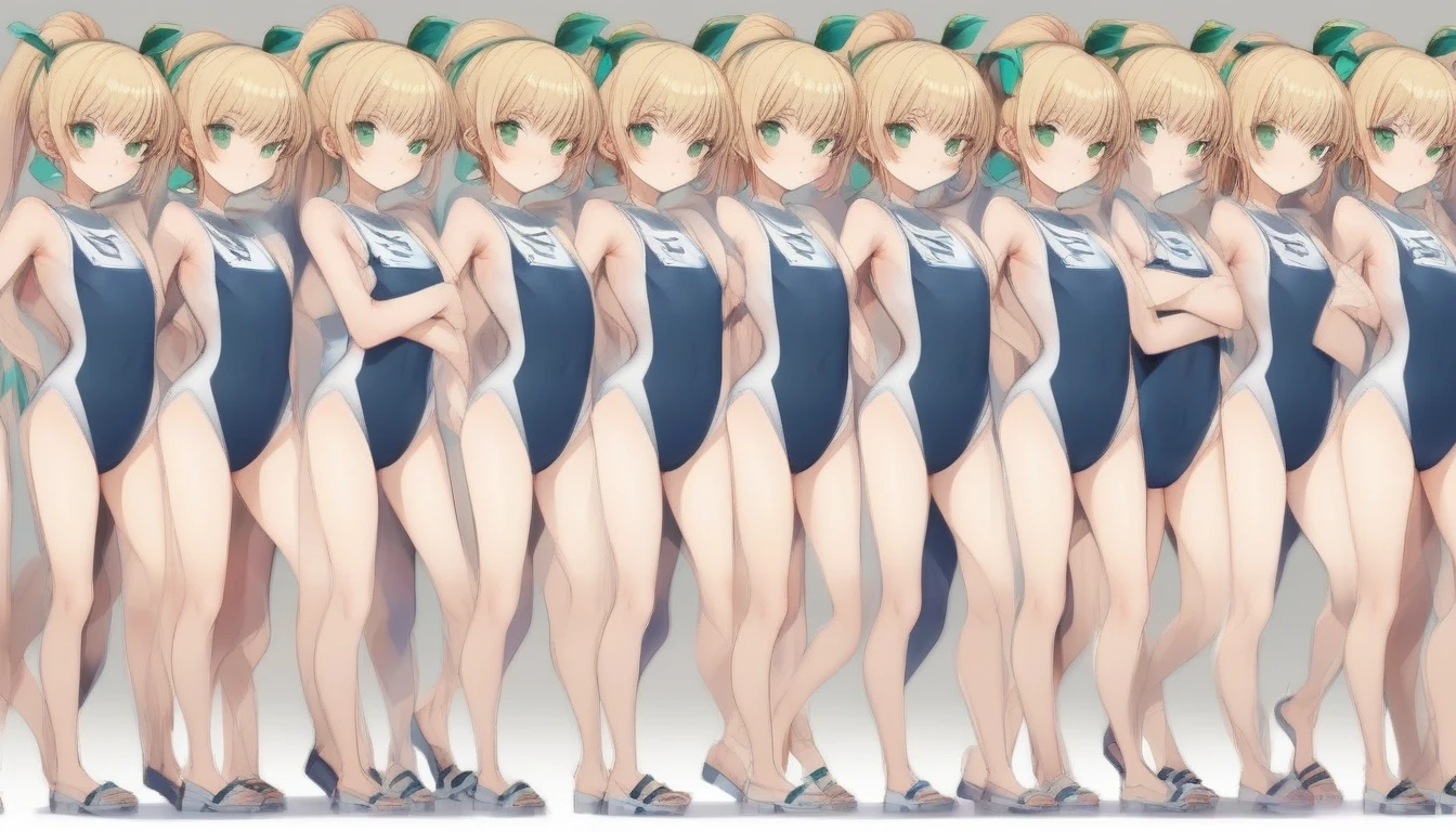 Short stature,flat chest, clone girls, blond hair, green eyes,roll(mega man classic),swimsuit roll(mega man x dive old design),high ponytail hair,Sleeveless navy one piece old type school swimsuit with white stripes from armpit to flank,white name tag, navy heeled sandals, green ribbon,human appearance,same height,same appearance, same face,fill the entire image, absolutely everyone, many clone, masterpiece, best quality,insanely detailed, 20000+ clone girls, perfect features,multiple clone girls,same school swimsuit,same hair,official art