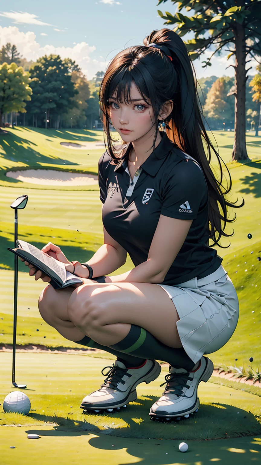 Beautiful Japanese woman in golf wear, Real person, Detailed body, squat, Live Action, Skirt flip, Being on the green at a golf course、Putter Shot、Reading the Turf