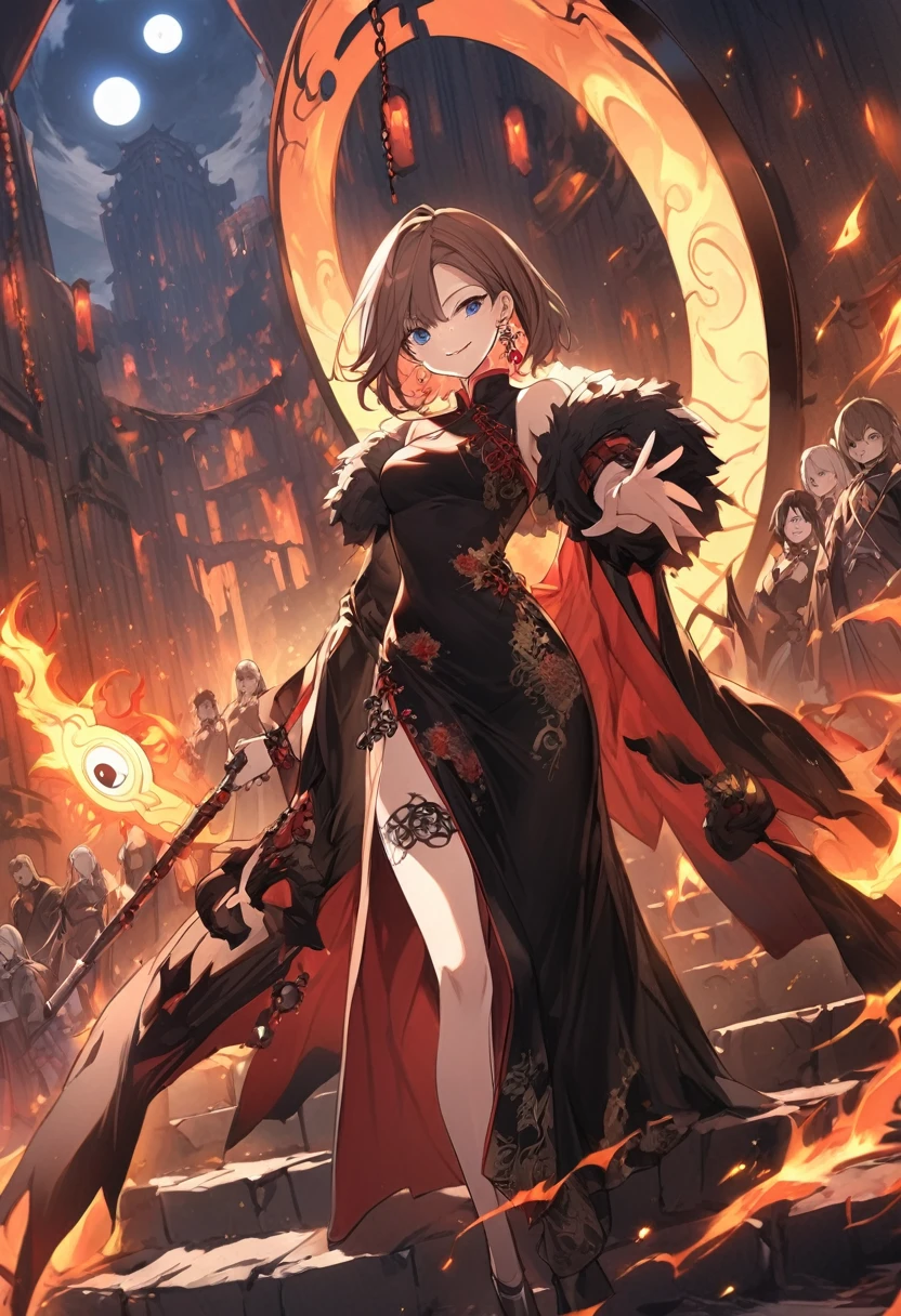 yagami hayate, dark persona, knight, going down the stairs, anime, audience, wand, 1girl, walking, armor, leg armor, cape, runes, evil smile, pillars of fire, octagonal yin yang mirror, black angel wings, stand-up collar, black long china dress, Ruined city, long cheongsam, long Qipao, blue eye, white Beret, brown hair, bob hair, reaching out, talking, purple obi, moonlight, earrings, chains, yin yang, long skirt, beautiful art, depth of field, high res, perfect face, detailed outfit