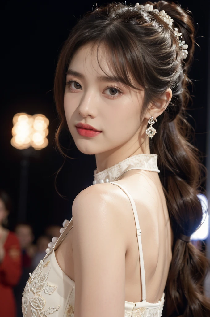 Kwon Eun-bi is a young Korean woman in her 28s. Her hair is short at shoulder in a red colors.
Her face is slightly shorter than it is long, which carry a warm , expressive face. Her skin is radiant and clear, presenting an impeccable state of health and her curved lips.
Large, brown eyes are expressive and captivating.
Her height is medium, her natural body and defined made up of proportional curves. with the most charming and provocative. It matches their personalities.
She is at red carpet Ceremony wearing a Black spaghetti strap dress that highlight her beauty, elegance and curves.
