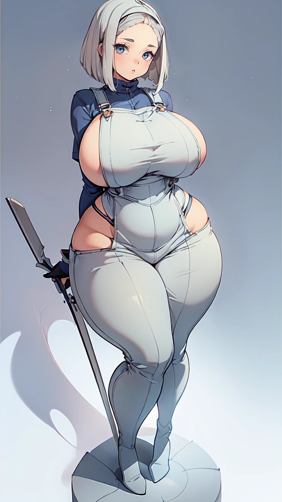 ((blank background)), masterpiece, best quality, silver hair, (curvy:1.8), (massive breast:1.5), ((full body framing)), (long legs:1.6), symmetry, farmer woman, (blue overalls), long boots, belt below navel, lumberjack shirt, (bobcut)
