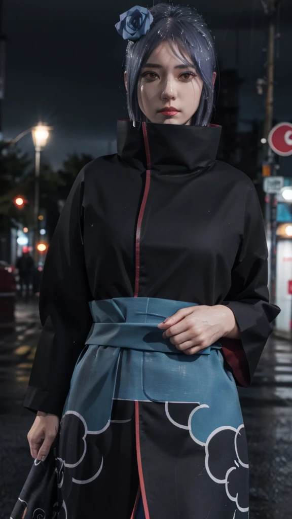 1girl,solo,konan \(naruto\),(upper body:1.2),akatsuki outfit,narrow waist,looking at viewer,masterpiece,best quality,absurdres,highly detailed,photo realistic,best shadow,dramatic lighting,depth of field,outdoors,rain,city,night,