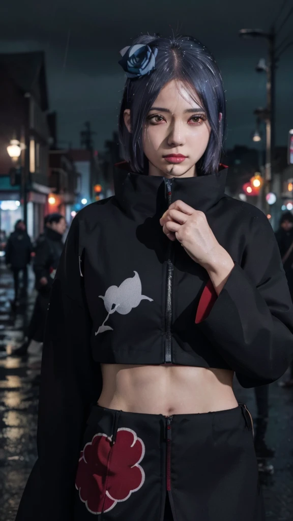 1girl,solo,konan \(naruto\),(upper body:1.2),akatsuki outfit,narrow waist,looking at viewer,masterpiece,best quality,absurdres,highly detailed,photo realistic,best shadow,dramatic lighting,depth of field,outdoors, hands on hip, crop top, black skirt