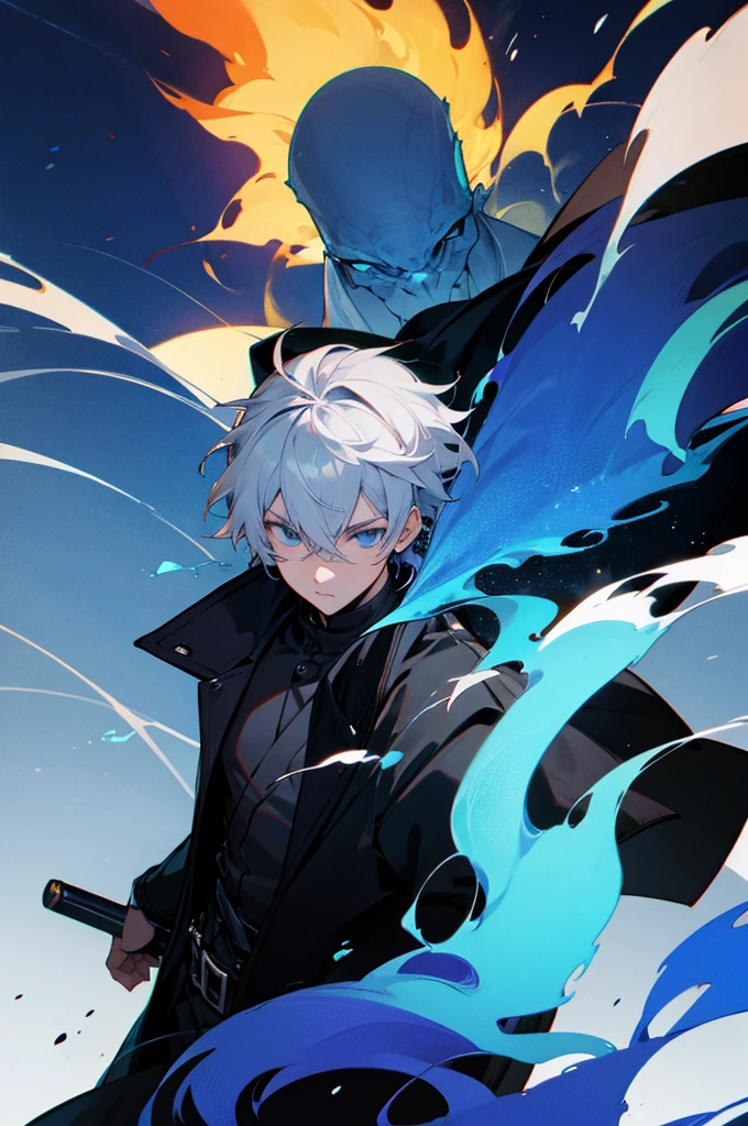 solo, handsome, 1 male, short hair, gray hair, blue eyes, black light, black coat, smoke, blue fire, fire
