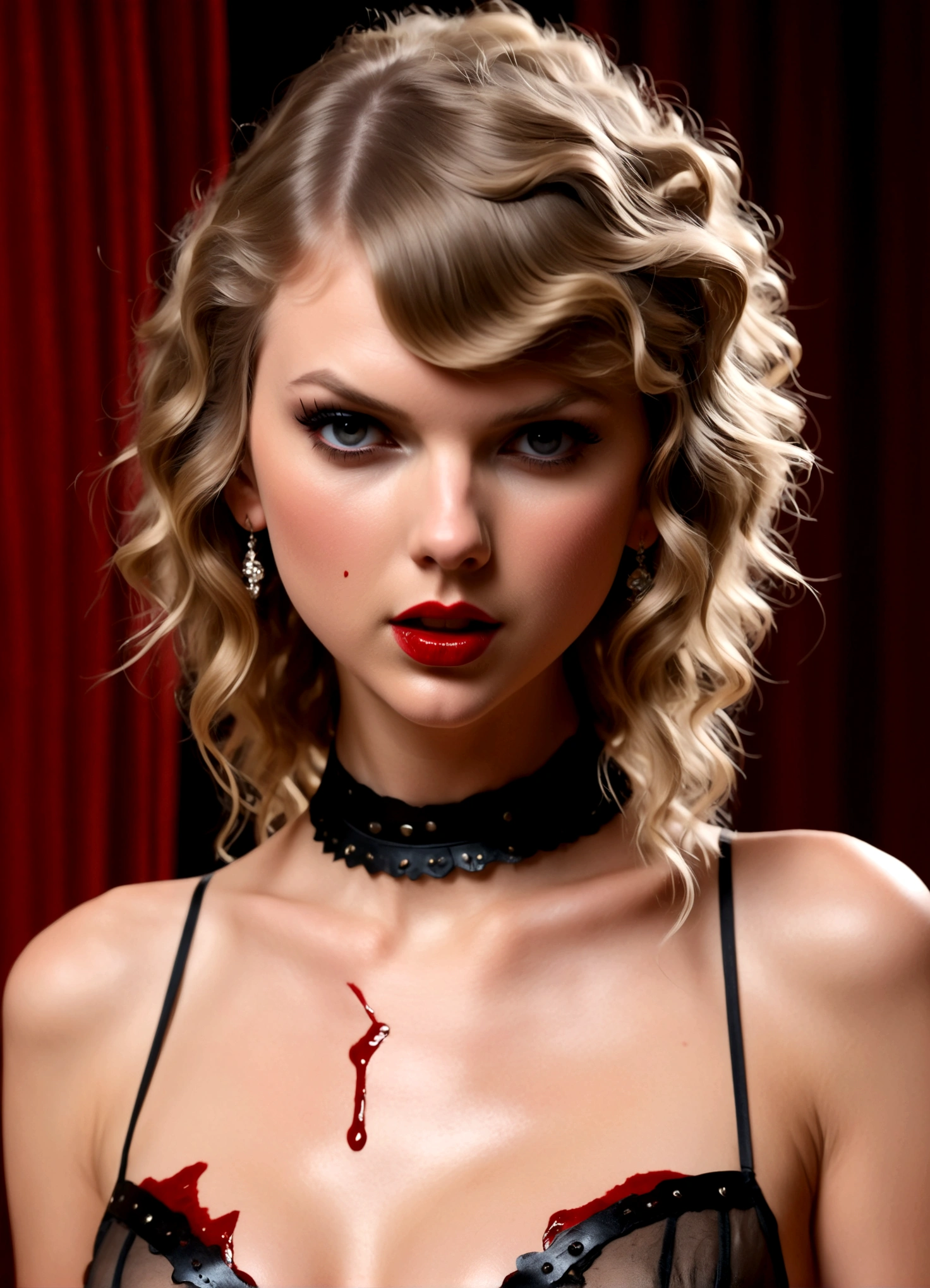 Taylor Swift (age 25) is playing a psycho mistress (crazy makeup, crazy hair, sheer tattered lingerie, jagged tools), somewhere between seduction and crying, blood spattered bedroom
