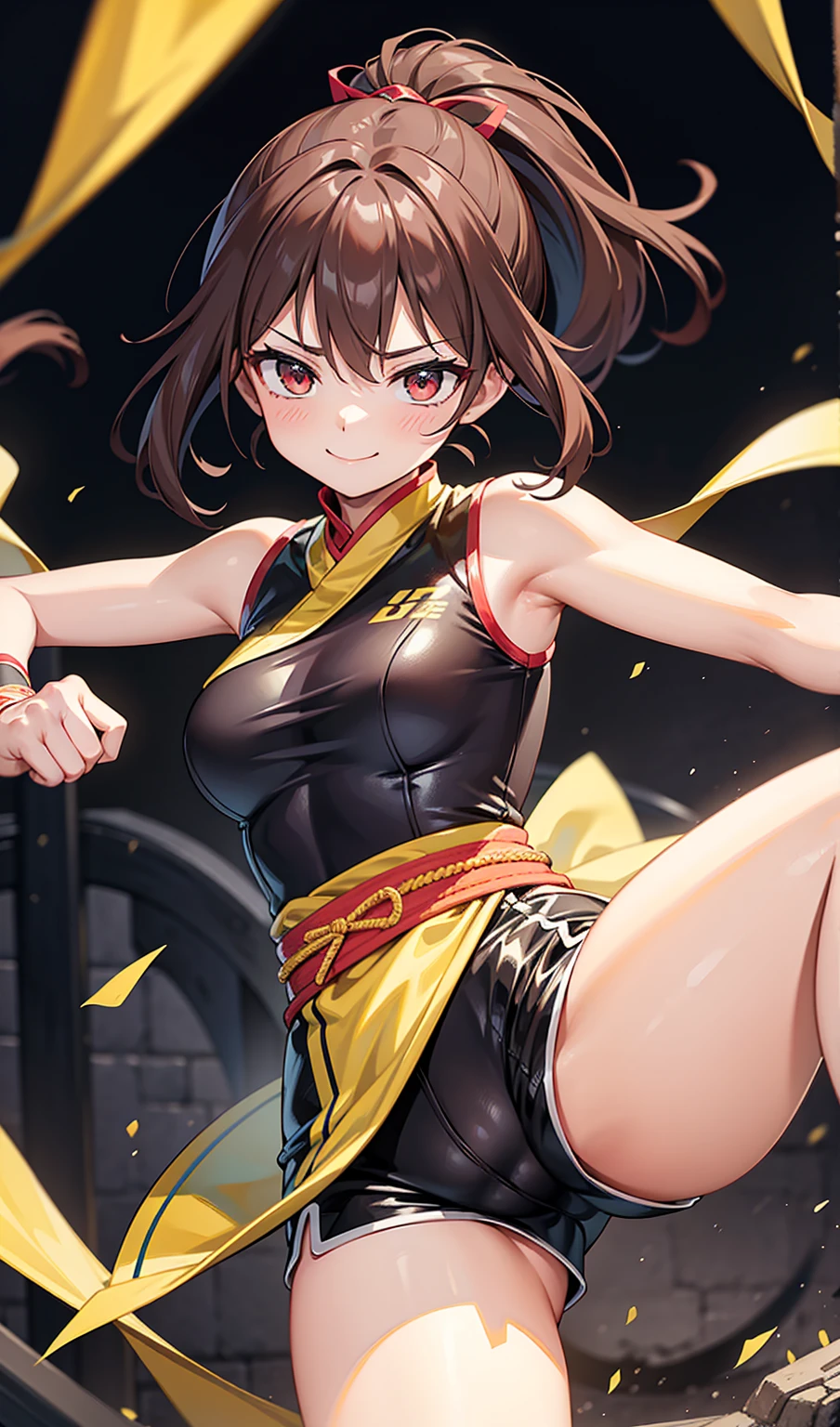 Human Woman。smile、Underground Fighting Arena、Martial Arts Ring、Dark brown ponytail、Fighter、Uplifting、Shorts、Open your legs a little、Colorful fighting costume