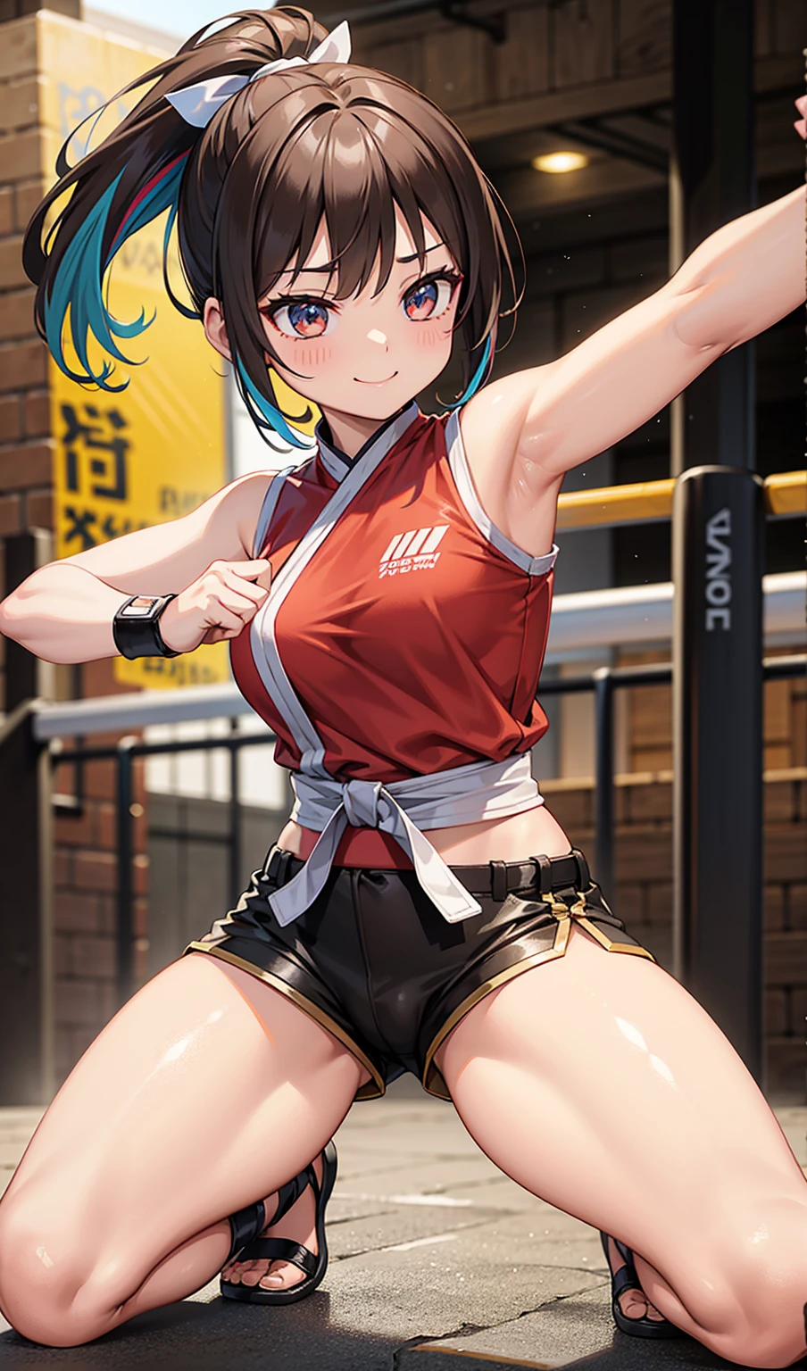 Human Woman。smile、Underground Fighting Arena、Martial Arts Ring、Dark brown ponytail、Fighter、Uplifting、Shorts、Open your legs a little、Colorful fighting costume