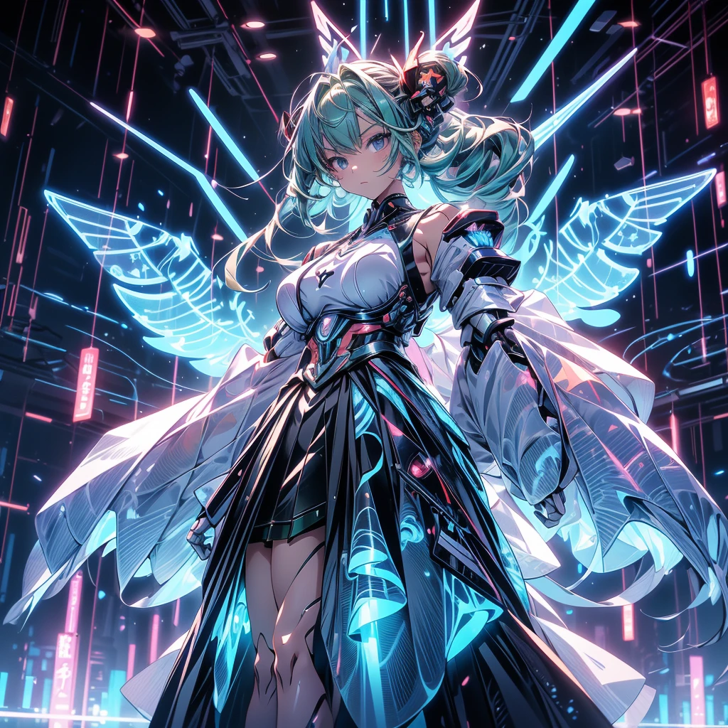1girl、Dynamic composition、((Perspective Lens, Woman with long hair, Dynamic poses with serious and mean expressions, Two hands brandishing a large, long Japanese sword )) ,Anime-style illustration of a girl with pastel green hair doing an airborne beam sword action. Created by FuturEvoLab, (X-Ray Style: 1.5), detailed explanation, (Mecha flare type skirt: 1.5), This is a scene where a girl captures her movements.. Dynamic aerial combat and performance with movement and intensity. Shooting in mid-motion,Mechanical Wings, Futuristic Mech, Another Dimension Cyberpunk, Shining Core Reactor, Etheric Energy Field, Bright colors, Intricate details, movie