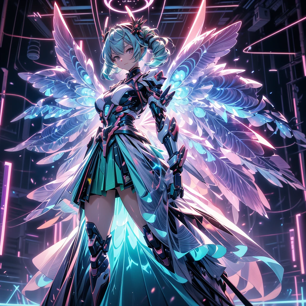 1girl、Dynamic composition、((Perspective Lens, Woman with long hair, Dynamic poses with serious and mean expressions, Two hands brandishing a large, long Japanese sword )) ,Anime-style illustration of a girl with pastel green hair doing an airborne beam sword action. Created by FuturEvoLab, (X-Ray Style: 1.5), detailed explanation, (Mecha flare type skirt: 1.5), This is a scene where a girl captures her movements.. Dynamic aerial combat and performance with movement and intensity. Shooting in mid-motion,Mechanical Wings, Futuristic Mech, Another Dimension Cyberpunk, Shining Core Reactor, Etheric Energy Field, Bright colors, Intricate details, movie