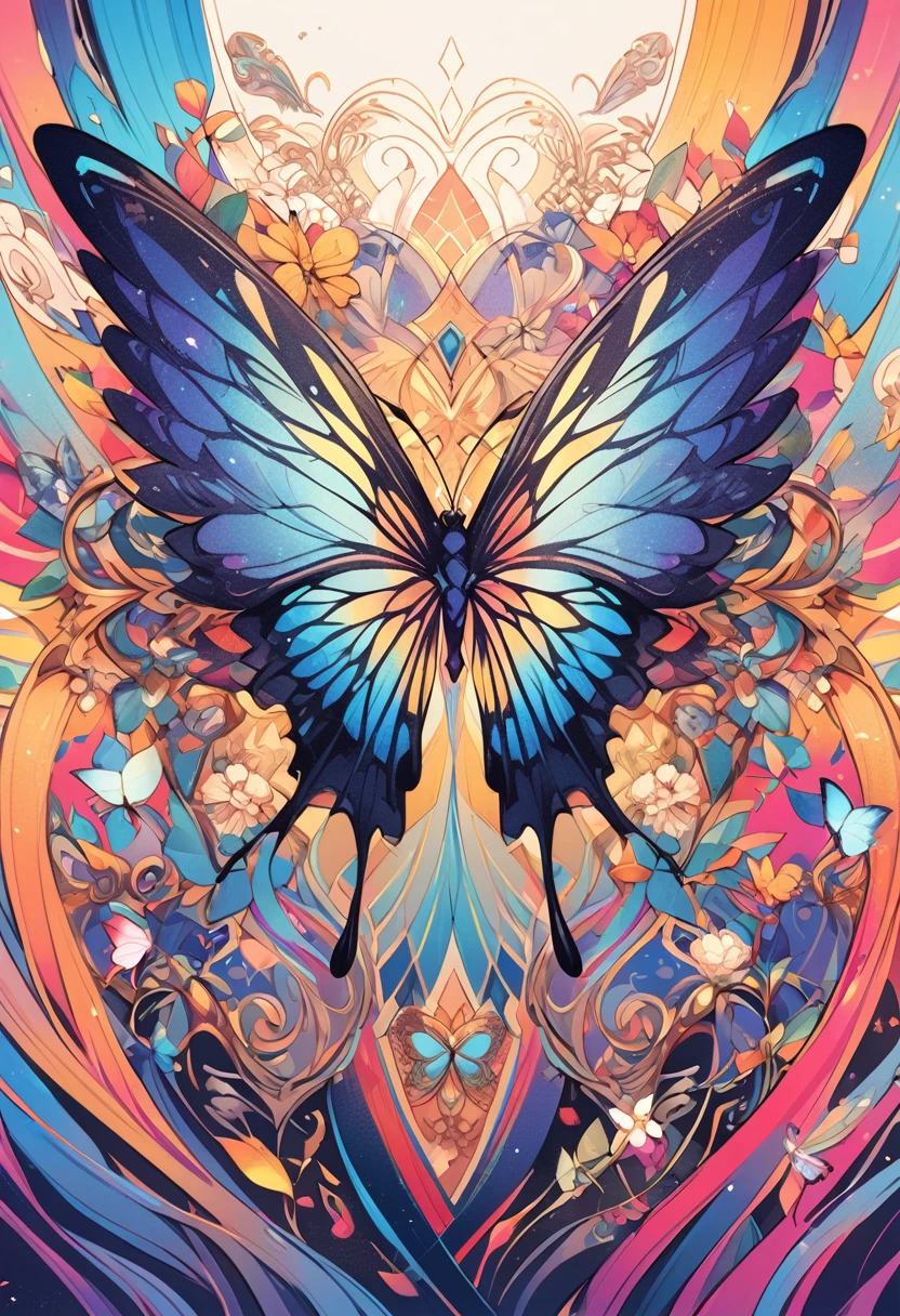 A detailed butterfly , with ((calligraphic design elongated wings)) having a vibrant colorful background