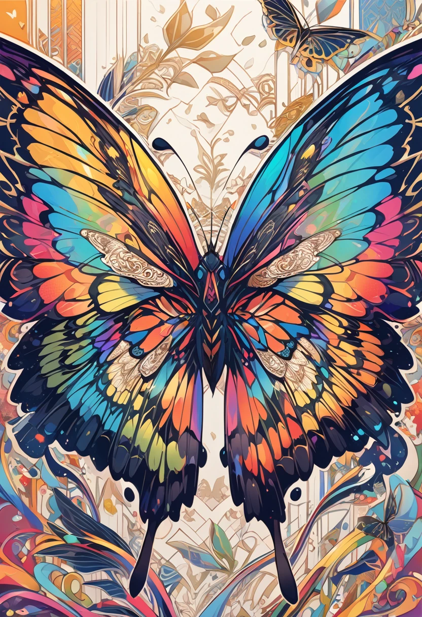 A detailed butterfly , with ((calligraphic design elongated wings)) having a vibrant colorful background