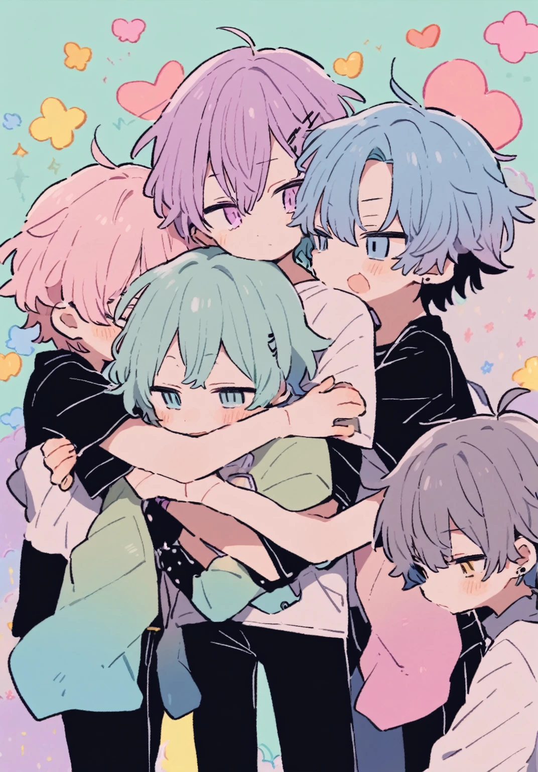 tegaki chibi 5boys pastel colors gradient flat chest Gothic hug