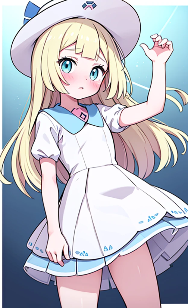 masterpiece,best quality,1 girl,solo,blush with embarrassment,Lillie,Pokémon,White Pleated Dresses,White clothes with light blue collar,Pokémon風の画風,(boldline:1.6),(deluster:1.5),(flat:1.5),White wide-brimmed hat with light blue ribbon,