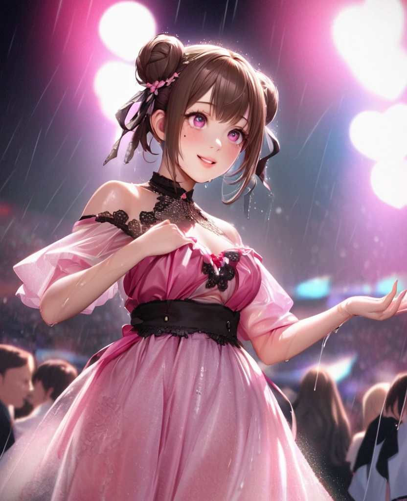 One Girl、Looking at the audience、lovely,
Beautiful pink eyes、Two brown double hair buns , Mole under the eye、Plump and glossy lips、Heart-shaped choca、Idol、Her name is May,smile、ー、。.。.。.。.。.。.。.。.。.。.。.。.。.。.。.。.。.。.3D、Realistic、
The idol's costume was soaked in the heavy rain, and her chest was wet and transparent.Heavy rain at outdoor concert, Drape clothes、gem、The decoration has been removed、Floral、Lace trim,On a glittering stage、
masterpiece、highest quality、8k、Detailed skin texture、Detailed cloth texture、Beautifully detailed face、Intricate details、Very detailed、
超A high resolution、8k Ultra HD、Film Grain、Best Shadow、delicate、Gazing at the audience、front