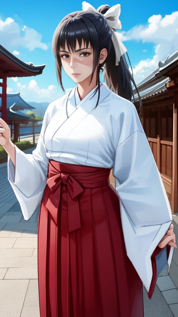 IoriCD1, 1girl, solo, long hair, solo, black hair, bow, japanese clothes, hair bow, miko, looking at viewer, cowboy shot, scar, skirt, hakama, red hakama, brown eyes, closed mouth, hakama skirt, scar on face, bangs, wide sleeves, cowboy shot, long sleeves, ribbon, standing, hair ribbon, ponytail, white bow, scar on nose, half updo, outdoors, sky, clouds, day, buildings, pagoda, blue sky, bamboo, BREAK
masterpiece, best quality, highly detailed background, perfect lightingbest quality, ((shiny skin, glossy skin, detailed skin))