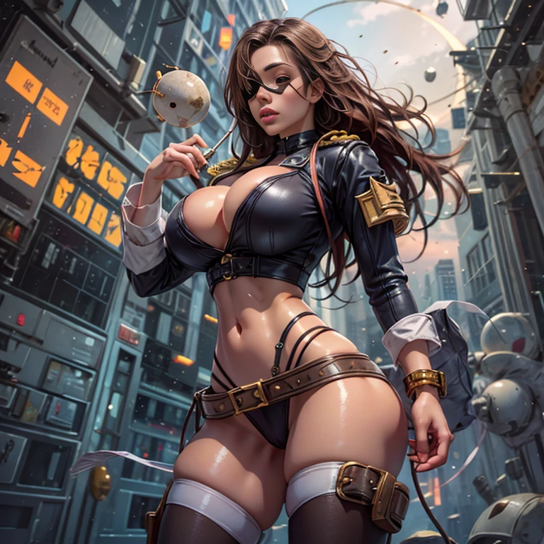 (Beautiful young female space pirate captain with an eyepatch on her right eye:1.9)、Dreadlocks、Large Breasts、Spaceship、Barrel、Spaceport、arms、gun、knife、sword、Sensual pose、Provocative pose、Full Body Shot、(Highest quality、4k、8k、High resolution、masterpiece:1.2)、Super detailed、(Real、Photorealistic、Photorealistic:1.37)、Cinematic lighting、Dramatic lighting、Bright colors、Very detailed、SF、cyber punk、Digital Art、mynatalee woman