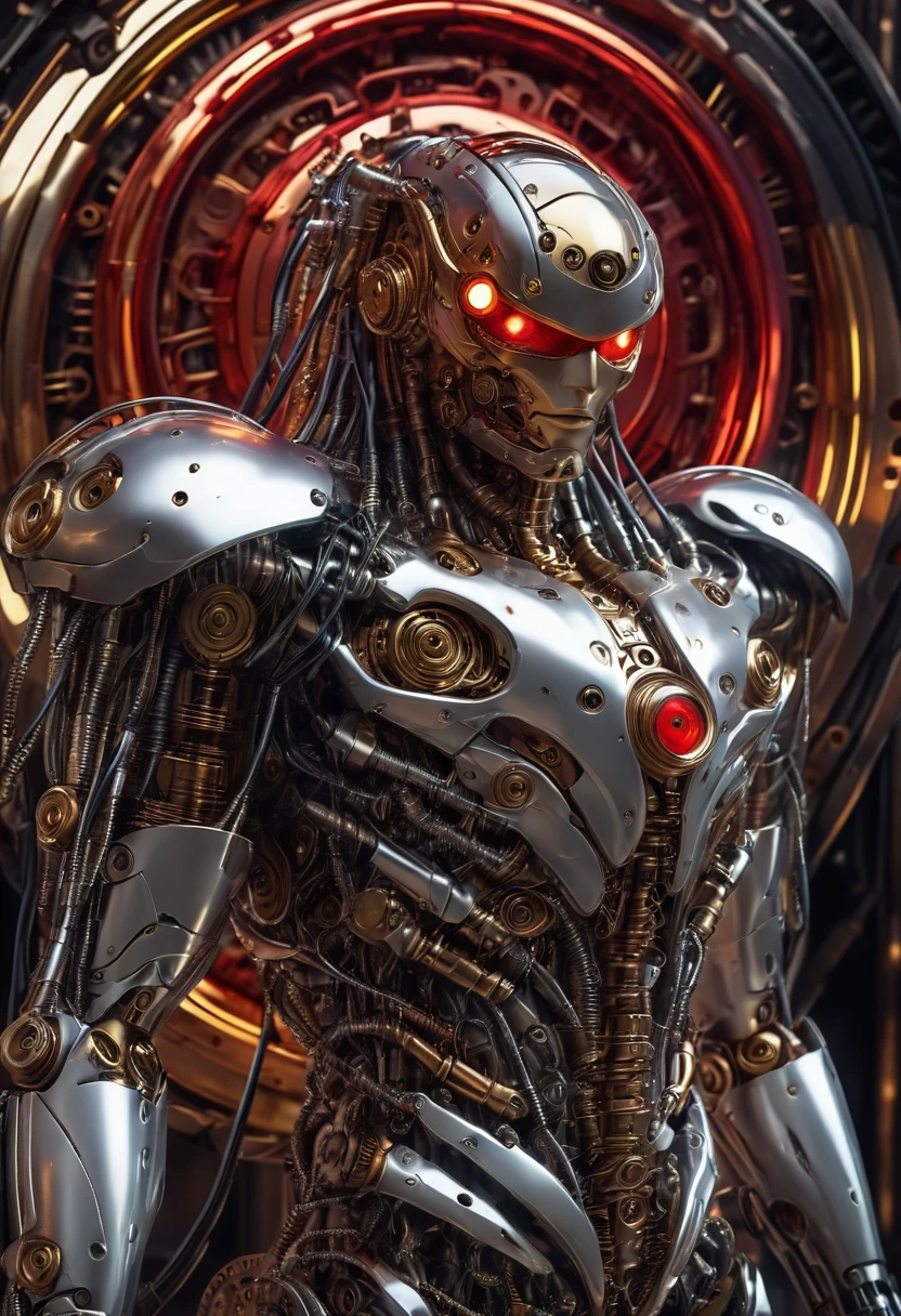 a cyborg with an eyepatch, futuristic cyberpunk robot, intricate mechanical details, glowing red eye, chrome metal body, advanced technology, intricate gears and wires, ominous expression, dramatic lighting, cinematic composition, highly detailed, photorealistic, 8k, (best quality,4k,8k,highres,masterpiece:1.2),ultra-detailed,(realistic,photorealistic,photo-realistic:1.37)