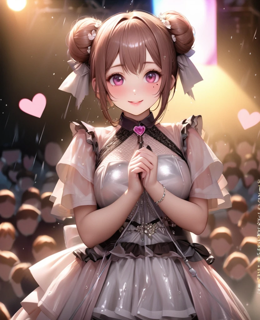 One Girl、Looking at the audience、lovely,
Beautiful pink eyes、Two brown double hair buns , Mole under the eye、Plump and glossy lips、Heart-shaped choca、Idol、Her name is May,smile、ー、。.。.。.。.。.。.。.。.。.。.。.。.。.。.。.。.。.。.3D、Realistic、
The idol's costume was soaked in the heavy rain, and her chest was wet and transparent.Heavy rain at outdoor concert, Drape clothes、gem、The decoration has been removed、Floral、Lace trim,On a glittering stage、
masterpiece、highest quality、8k、Detailed skin texture、Detailed cloth texture、Beautifully detailed face、Intricate details、Very detailed、
超A high resolution、8k Ultra HD、Film Grain、Best Shadow、delicate、Gazing at the audience、front
