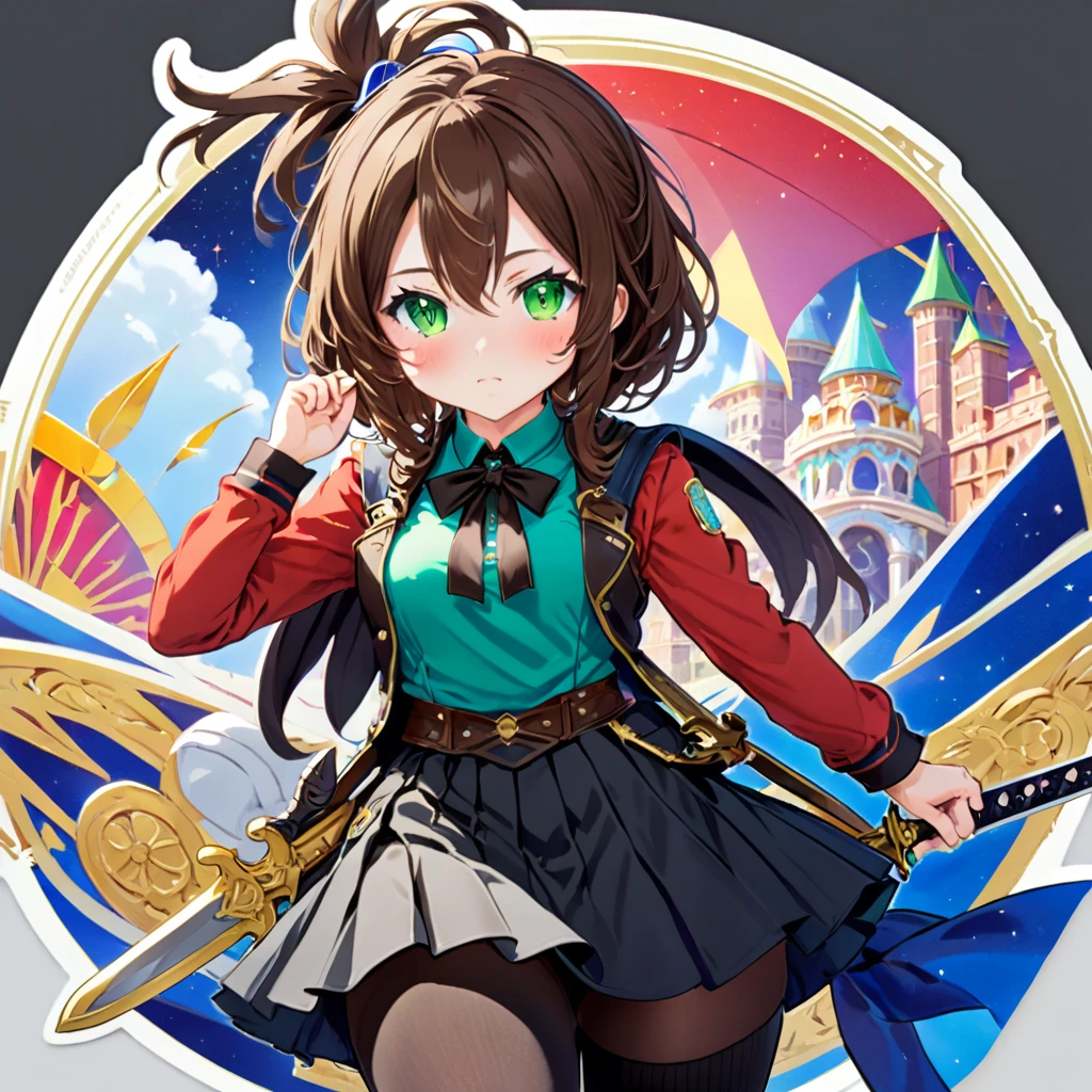 (((Stickerss)))，(((Stickers)))，One girl, With sword, Anime Style，Dreamland Wonderland、Fantastic，masterpiece，Kilo，Colorful，Detailed explanation，Seven Colors,(Highest quality,masterpiece, Complex,Hyper Detail,8K Ultra HD,Ultra-high resolution，Very detailed),(Short brown hair:1.2),  (Green Eyes:1.3),(Ready-to-wear skirts),(Brown vest),(Red Shirt),(Blue ribbon),(Black thigh-high socks:1.3),Erika Aoi,