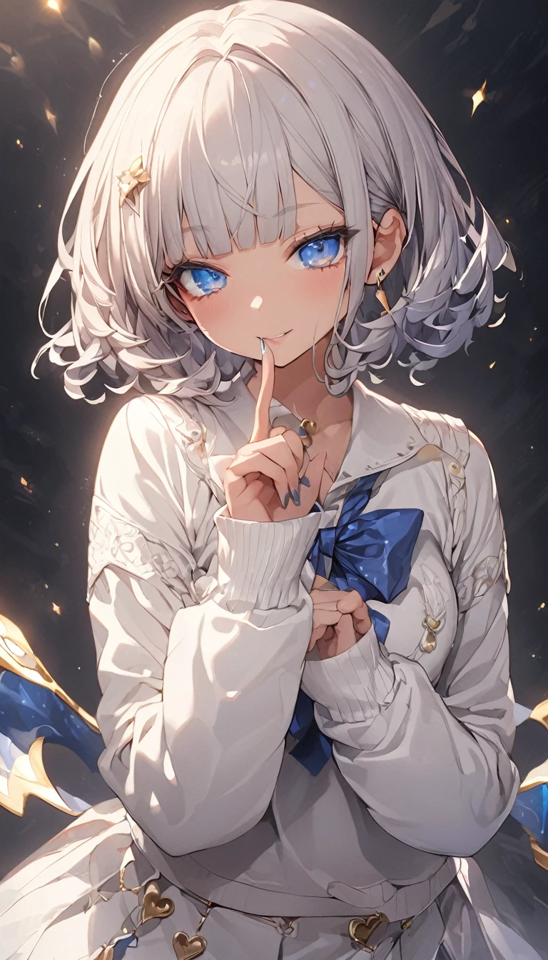 masterpiece, Highest quality, Very detailed, High resolution, ,magical girl , (Dark Skin:1.2), Silver Hair, (short hair:1.4), (Blunt bangs:1.3), Curly Hair, Wavy Hair, Drill Hair, (eyelash:1.3), (eye shadow:1.3), (blue eyes:1.5), (Beautiful details:1.4), eyes half closed, height: 130cm, original character, Fantasy, (Black background:1.2), Beautiful fingers, Are standing, (lace spats:1.5), (cashew:1.5),sweater,underwear
