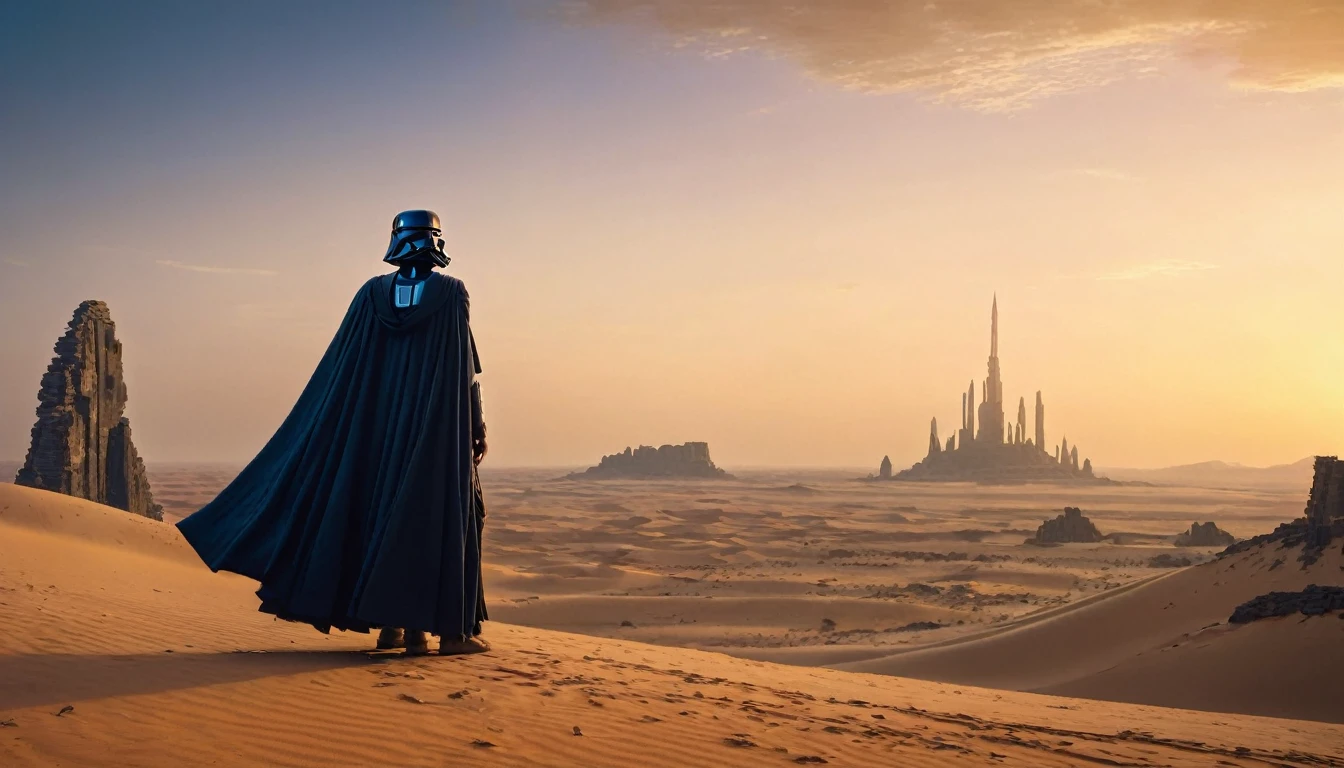 View a vast desert landscape bathed in golden twilight, evoking the iconic Star Wars look. No centro da cena, a Jedi in a flowing cape stands silhouetted against the orange sky, your glowing blue lightsaber in your hand, pronto para enfrentar qualquer desafio. The ruins of an ancient civilization rise majestically in the background, and the remains of a fallen AT-AT adorn the landscape. The atmosphere is charged with expectation, as if an epic battle was about to begin.hyper realistic composition,32k resolution,cinematic composition,cinematic color grading.photography whit Phaseone 85mm,depth of field.