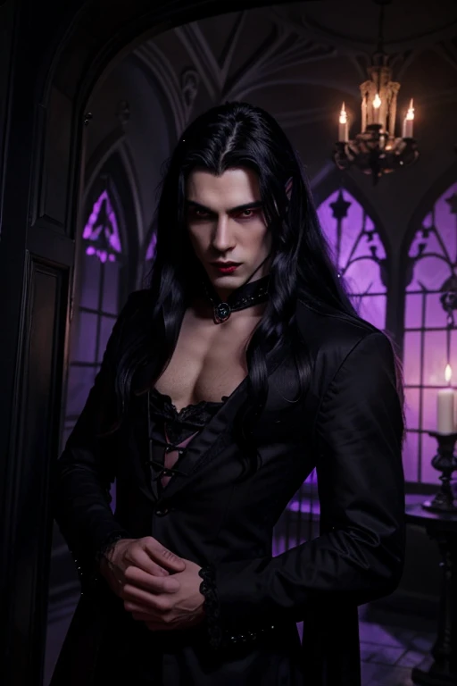 Lovely young handsome hetero Man Jinx Edward vampire with super big indigo eyes and gems and long black hair, with nice and delicate face, in a dark gothic magic castle with annie and claudia and Lestat, in Red Rose manor. Terror ambient. The more handsome man in the world. Night storm. Gothic scene. Cats eyes.Luxury. Violet.