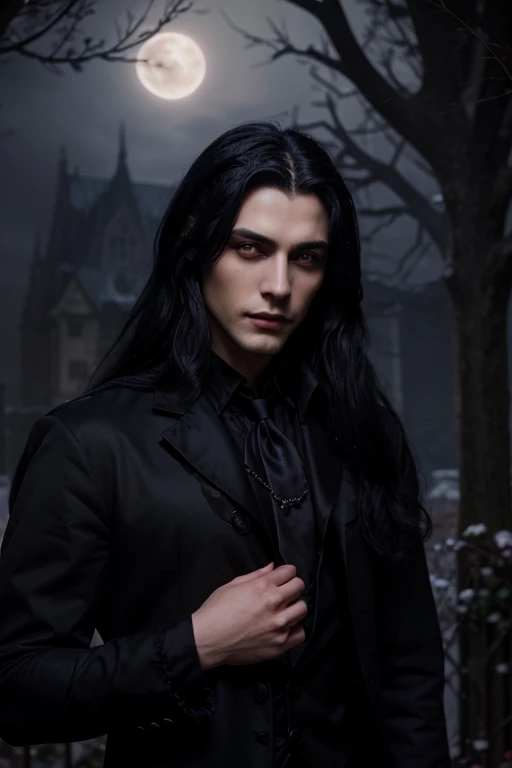 Lovely young handsome hetero Man Jinx Edward vampire with super big indigo eyes and gems and long black hair, with nice and delicate face, in a dark gothic magic castle with annie and claudia and Lestat, in Red Rose manor. Terror ambient. The more handsome man in the world. Night storm. Gothic scene. Cats eyes.Luxury. Violet.