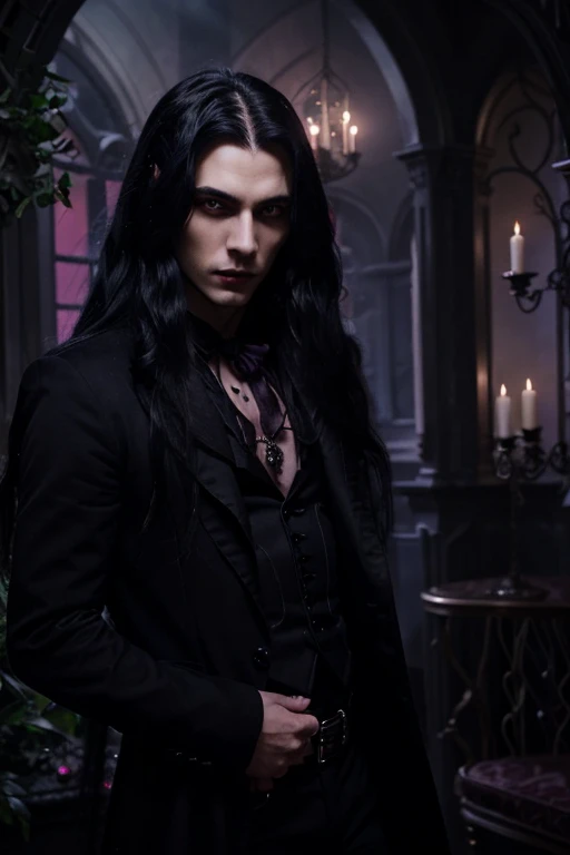 Lovely young handsome hetero Man Jinx Edward vampire with super big indigo eyes and gems and long black hair, with nice and delicate face, in a dark gothic magic castle with annie and claudia and Lestat, in Red Rose manor. Terror ambient. The more handsome man in the world. Night storm. Gothic scene. Cats eyes.Luxury. Violet.
