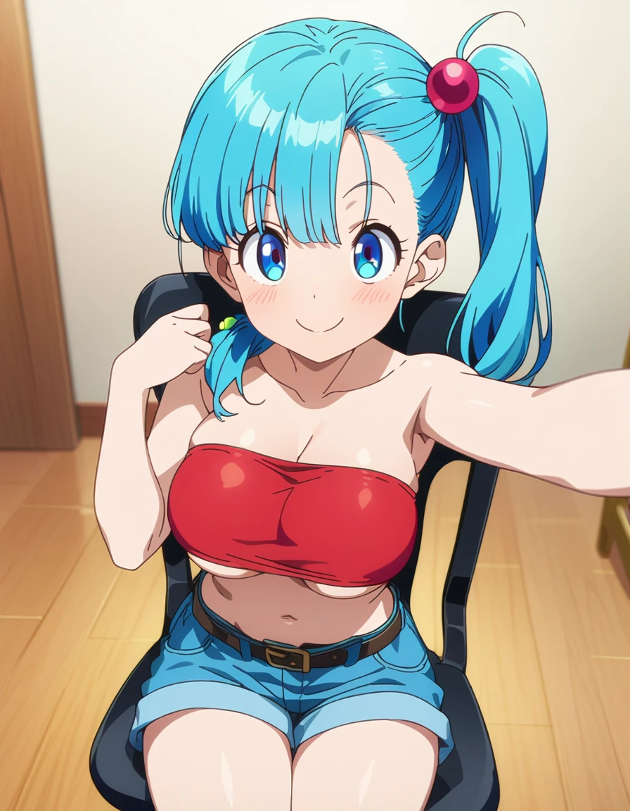 score_9, score_8_up, score_7_up, BREAK ,,,,(girl sit on chair,on your back),(selfie),1girl,bulma, blue eyes, blue hair,bare shoulders, belt, cleavage, hair bobbles, hair ornament, hair over shoulder,large breast,midriff, navel, one side up, red tube top, shorts, side ponytail, (strapless, tube top,under_boob:1.2),looking at viewer,facial expression,sharp eye,smile,masterpiece, best quality,  detailed body, highly detailed, anime coloring.anime,[anime_screencap:0.8] , highly detailed,