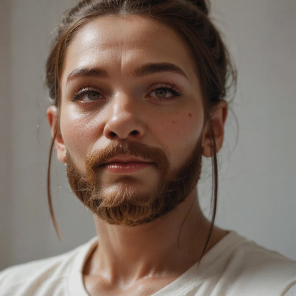 ultra sharp portrait, woman, tied brown hair, light eyes, large nose, beard, hair on the cheeks