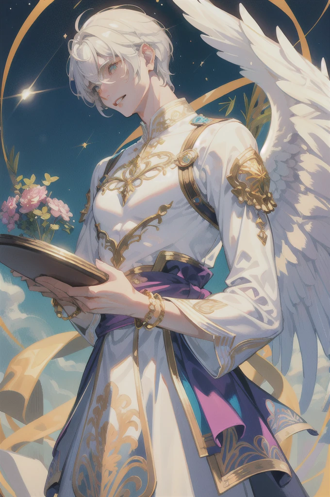 ((ultra detailed), masterpiece, best quality, (absurdres, highres)), a winged man with a mirror in hand, solo, pocket mirror, blonde hair, detailed face, finely eyes, muscular, white robe, bare pectoral, full body, fantasy, celestial, spark, rays, magic rays, magic spark, giant angel statue in background, from side, look down