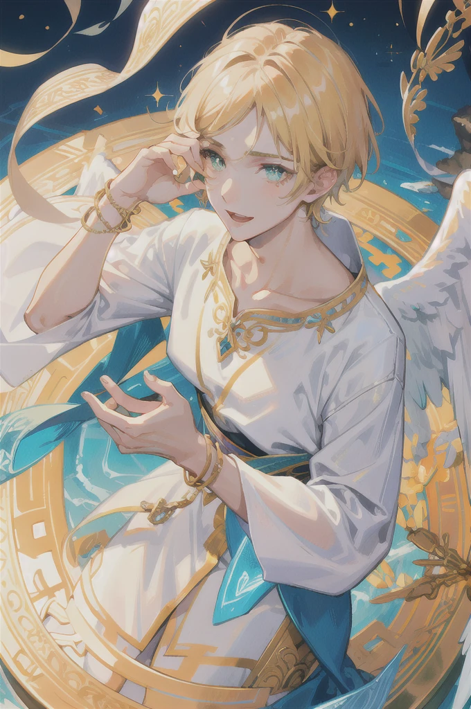 masterpiece, Highest quality, 1 male, Adult, good looking, Tall and muscular man, short hair, Fantasy, Complex patterns, Detailed face, Angel Wings, Lens flare, colorful, glow white particle, White, Gold bracelets and accessories, prism, Shine, Sparkling, particle, bloom, I like to celebrate and have fun, Enjoy nature, A bright and optimistic outlook, Creativity and adventure, Represents happiness and harmony