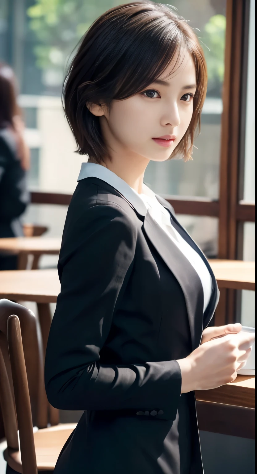 Photorealistic beautiful female student、18-year-old、amazingly beautiful、extremely fine transparency、beautiful body、(highest quality、8K、32K、masterpiece、nffsw:1.3)、ultra high resolution,(Photoreal:1.4),RAW photo, detailed face,,beautiful hair, ((Doctor Style)), ,very short hair 、very short hair、Amazingly beautiful double eyelids、beautiful nipples、 natural makeup,, small perfect breasts, wet hair、detailed background, perfect lighting, Depth of written boundary, beautiful shadow gradation、thin limbs、thin thighs、(whole body)、((suit))、((stylish cafe、Inside the store、cafe table and stylish chairs、coffee、Control your laptop))、Beautiful and slim perfect body、beautiful high nose、side view