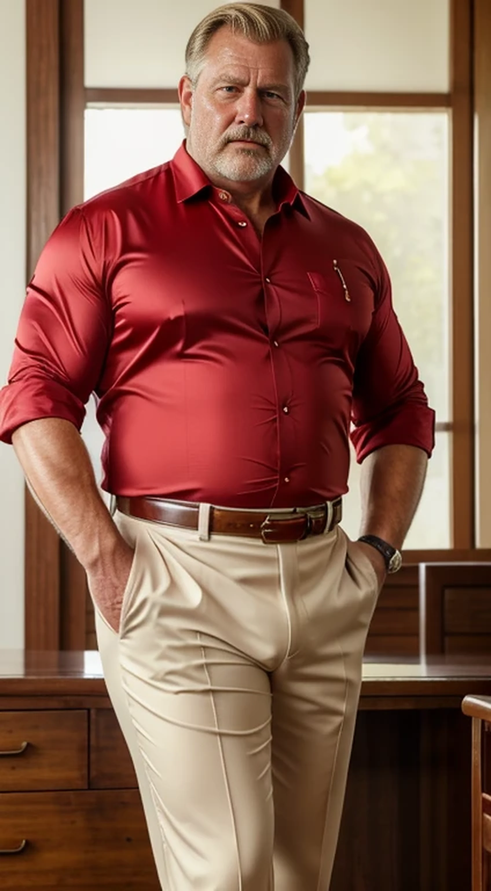 (best quality,4k,8k,highres,masterpiece:1.2), age 60, white man sheriff , horny disgusting, muscular chubby, kind, open red silk shirt , mature daddy, Dress Pants with big bulge, hairy chest hard nipple, belt, loafer,