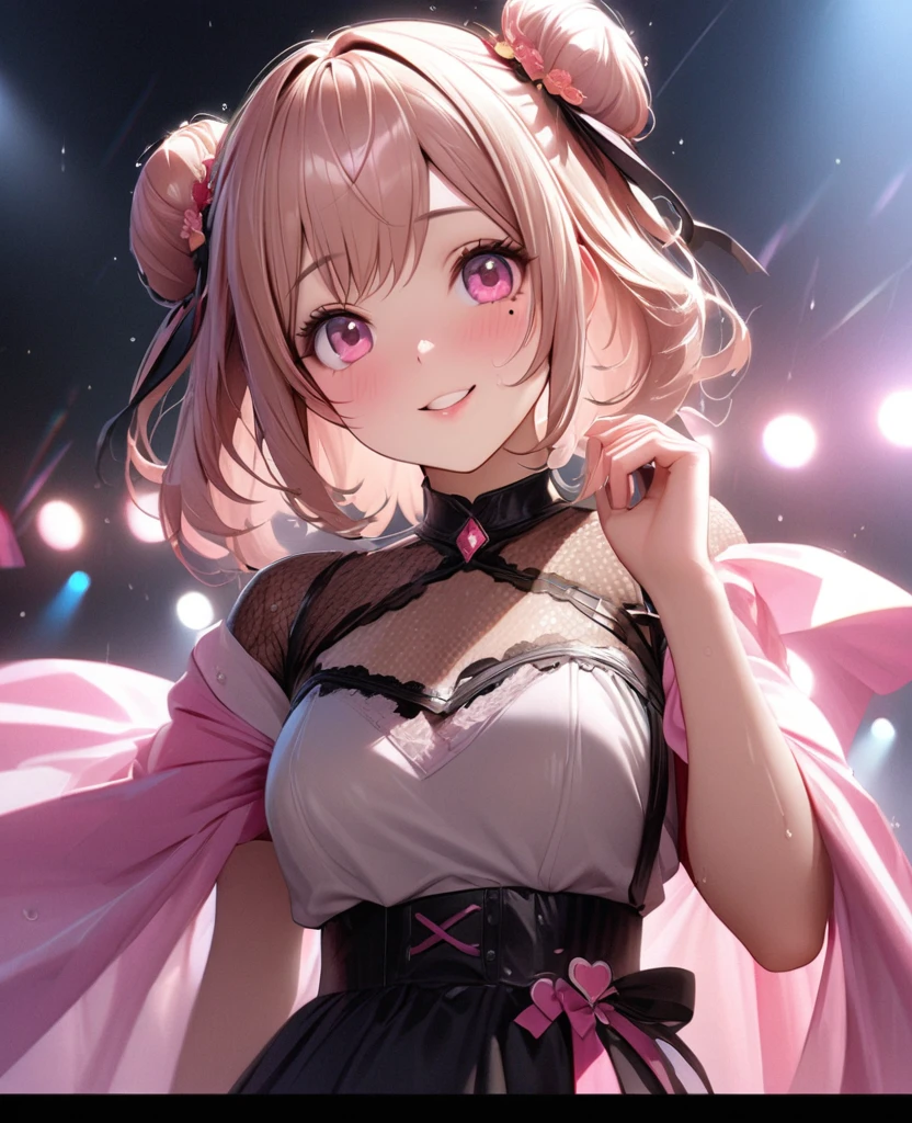 One Girl、Looking at the audience、lovely,
Beautiful pink eyes、Two brown double hair buns , Mole under the eye、Plump and glossy lips、Heart-shaped choca、Idol、Her name is May,smile、ー、。.。.。.。.。.。.。.。.。.。.。.。.。.。.。.。.。.。.3D、Realistic、
The idol's costume was soaked in the heavy rain, and her chest was wet and transparent.Heavy rain at outdoor concert, Drape clothes、gem、The decoration has been removed、Floral、Lace trim,On a glittering stage、
masterpiece、highest quality、8k、Detailed skin texture、Detailed cloth texture、Beautifully detailed face、Intricate details、Very detailed、
超A high resolution、8k Ultra HD、Film Grain、Best Shadow、delicate、Gazing at the audience、front
