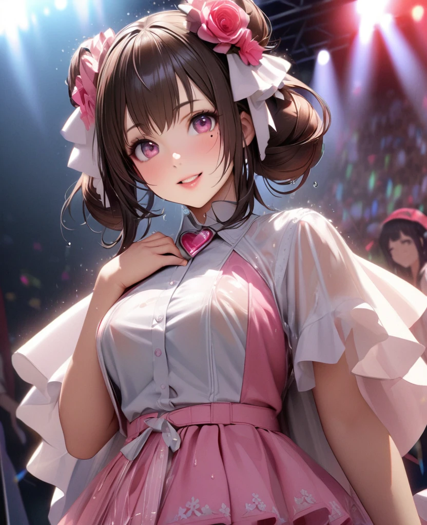 One Girl、Looking at the audience、lovely,
Beautiful pink eyes、Two brown double hair buns , Mole under the eye、Plump and glossy lips、Heart-shaped choca、Idol、Her name is May,smile、ー、。.。.。.。.。.。.。.。.。.。.。.。.。.。.。.。.。.。.3D、Realistic、
The idol's costume was soaked in the heavy rain, and her chest was wet and transparent.Heavy rain at outdoor concert, Drape clothes、gem、The decoration has been removed、Floral、Lace trim,On a glittering stage、
masterpiece、highest quality、8k、Detailed skin texture、Detailed cloth texture、Beautifully detailed face、Intricate details、Very detailed、
超A high resolution、8k Ultra HD、Film Grain、Best Shadow、delicate、Gazing at the audience、front
