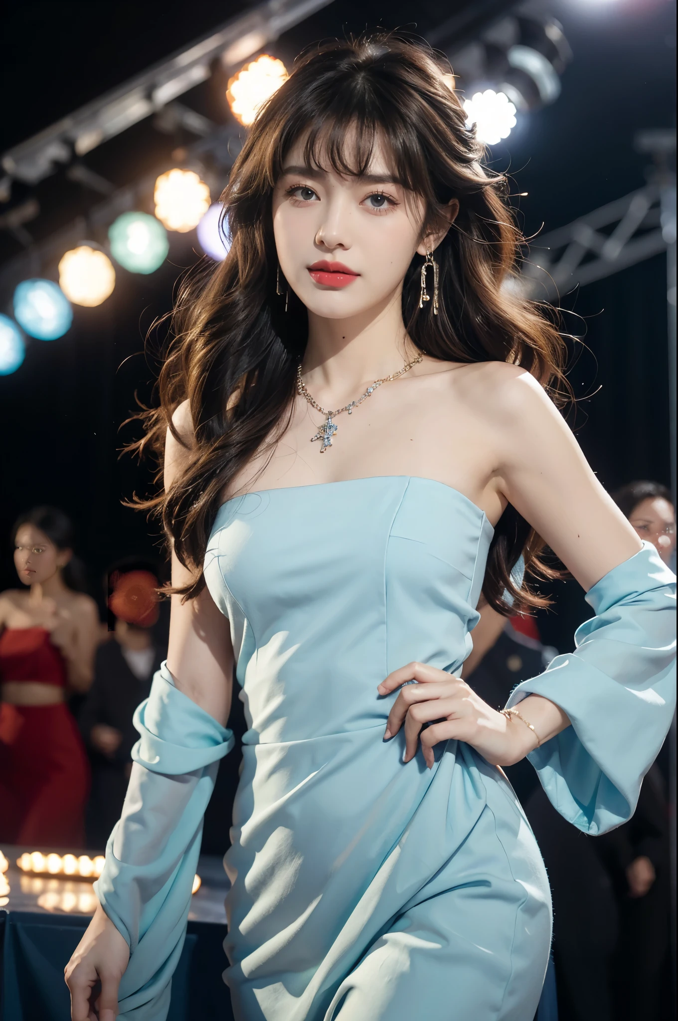 1girl,bangs,bare shoulders,necklace,strapless blue dress,detailed background,detailed eyes,brown hair,earrings,close-up of face,jewelry,slim,flat chest,messy hair,looking at viewer,makeup,night scene,red lips,signature,laughing,solo,standing,On the T-stage,catwalk,fashion show,Surrounded by crowded crowds on both sides of the stage,neon lights