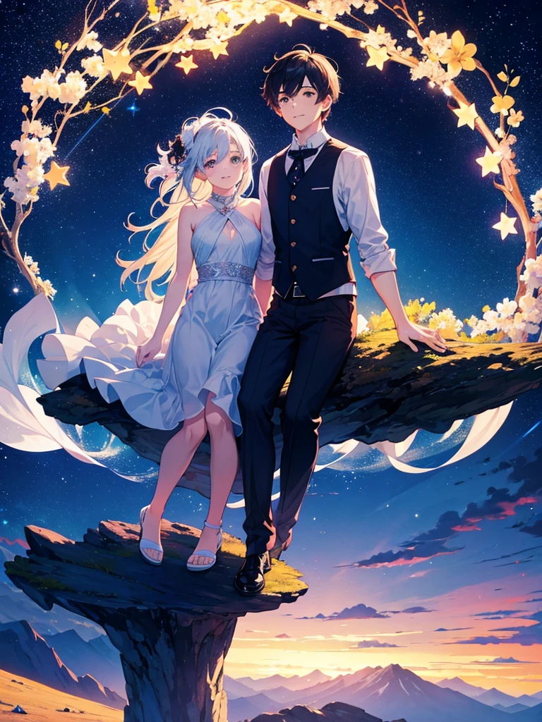 A boy and girl on a mountain top sitting night sky filled with stars looking at , (two moons) , colorful sky, wallpaper, 4k quality.