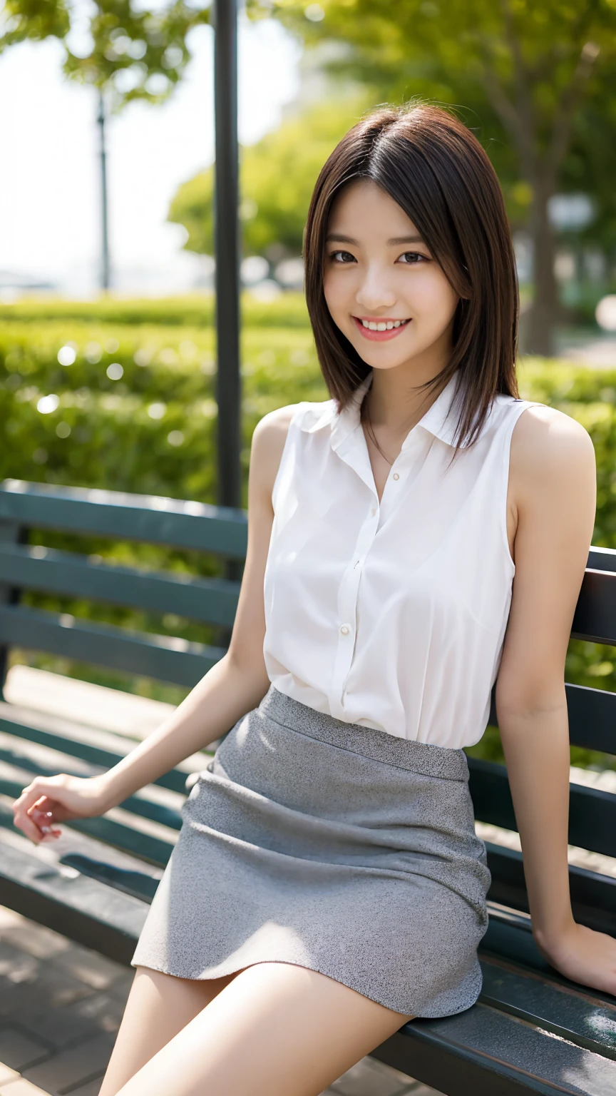 Japanese office lady、Sleeveless Shirt、lunch、sitting on a park bench、smile、Tight mini skirt、masterpiece,best quality,ultra detailed,highres,high-resolution,4k,realistic,RAW photo,((real person)),portrait photography,photorealistic,detailed skin,(delicate black eyes ), A soothing woman with sagging eyes,Calm and calm, middle hair,skinny,clothing,The wind is blowing,tareme、Beautiful legs、Small shirt、Panty shot、Knees are higher than hips、