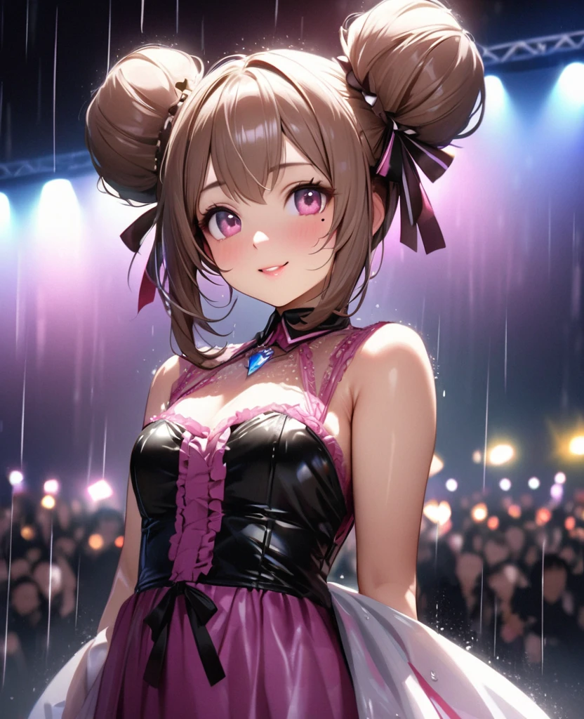 One Girl、Looking at the audience、lovely,
Beautiful pink eyes、Two brown double hair buns , Mole under the eye、Plump and glossy lips、Heart-shaped choca、Idol、Her name is May,smile、ー、。.。.。.。.。.。.。.。.。.。.。.。.。.。.。.。.。.。.3D、Realistic、
The idol's costume was soaked in the heavy rain, and her chest was wet and transparent.Heavy rain at outdoor concert, Drape clothes、gem、The decoration has been removed、Floral、Lace trim,On a glittering stage、
masterpiece、highest quality、8k、Detailed skin texture、Detailed cloth texture、Beautifully detailed face、Intricate details、Very detailed、
超A high resolution、8k Ultra HD、Film Grain、Best Shadow、delicate、Gazing at the audience、front