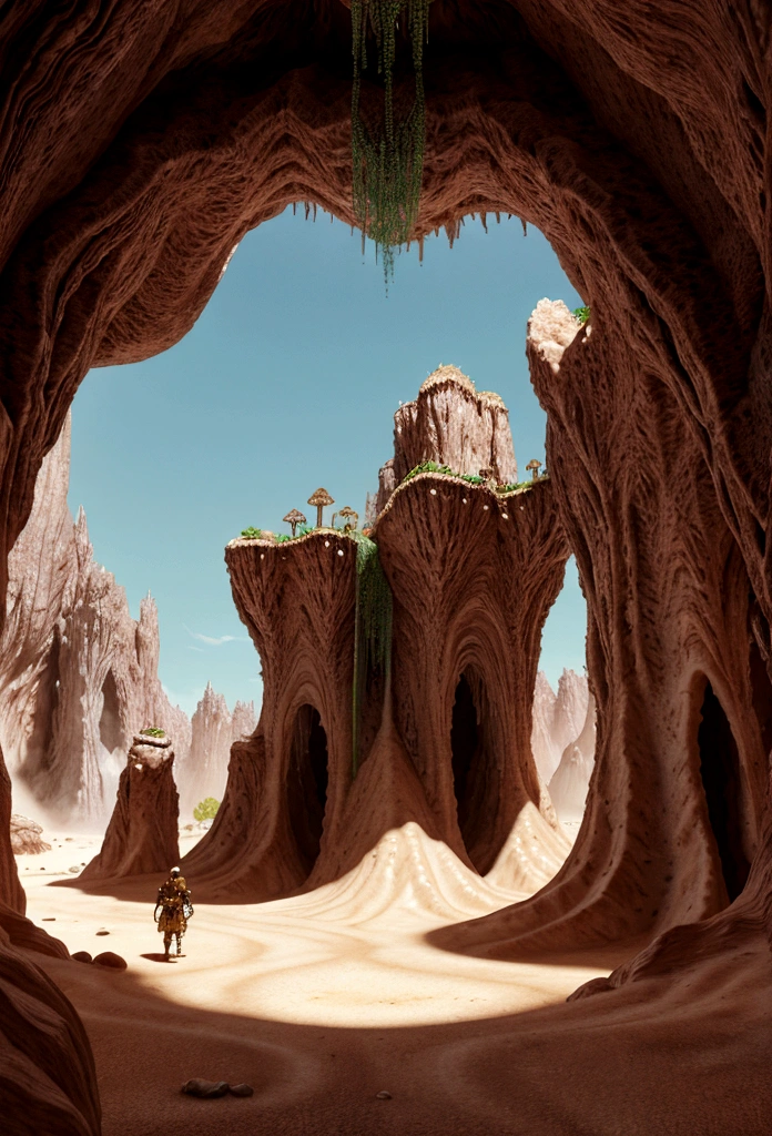 hay muchas cavidades invertidas (diferentes habitaciones, unidas por salientes de mandelbulb que forman pasadizos) in the middle of an underground canyon that makes up a mandelbulb mud village at different heights with many balconies and stalactites and stalactites, fantasy architecture, Arte digital 4k muy detallado, beautiful detailed fantasy, stunning fantasy landscape, detailed fantasy digital art, arstation y pitido altamente, fantasy style octane 8k rendering, stuning fantasy 3d rendering, 4k detail fantasy, fantasy 3d rendering, pitido de renderizado 3D, deep masive desert landscape, stalacmite cave laberinto very confuse type geonosis bubbes