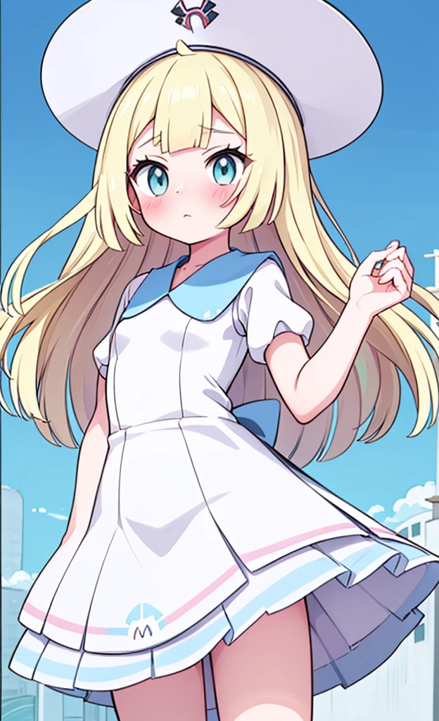 masterpiece,best quality,1 girl,solo,blush with embarrassment,Lillie,Pokémon,White Pleated Dresses,White clothes with light blue collar,Pokémon風の画風,(boldline:1.6),(deluster:1.5),(flat:1.5),White wide-brimmed hat with light blue ribbon,