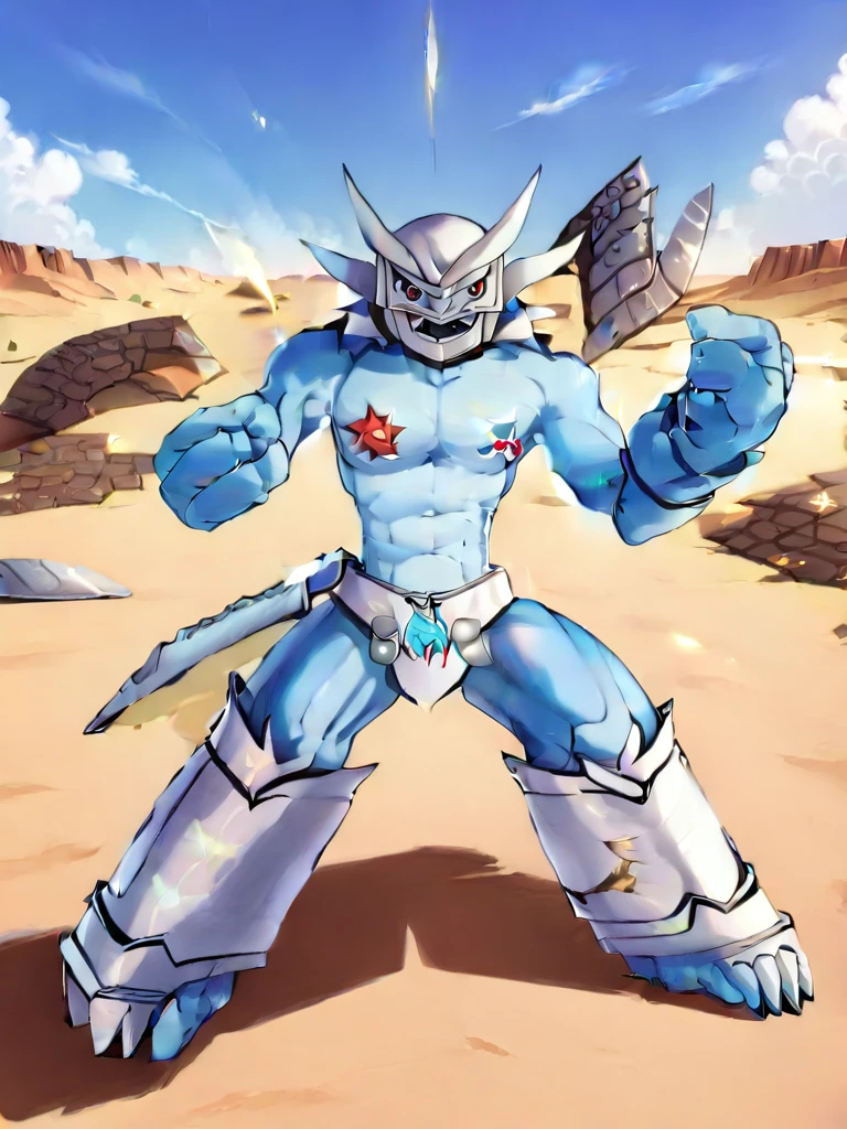 solo,angry Magnamon,tall,(musclar:1.5), blue and white skin,(battle damaged:1.5),(topless Magnamon:2),(armor fragments:1.5),(shirtless:1.5),nipple, fighting_stance, in desert ,full_shot