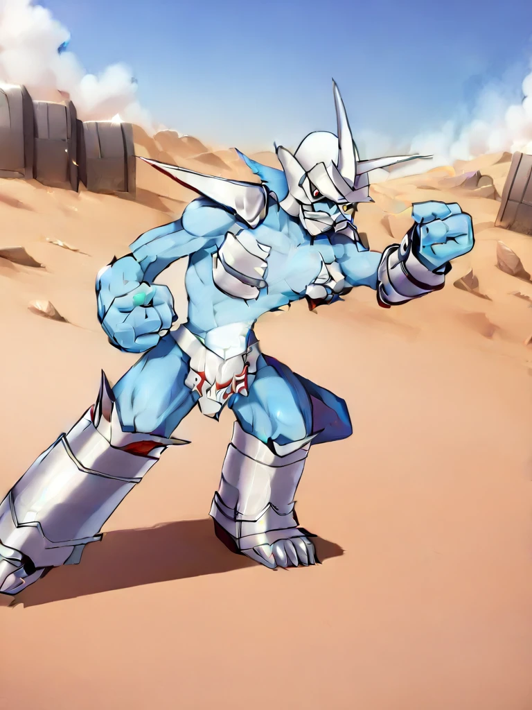 solo,angry Magnamon,tall,(musclar:1.5), blue and white skin,(battle damaged:1.5),(topless Magnamon:2),(armor fragments:1.5),(shirtless:1.5),nipple, fighting_stance, in desert ,full_shot
