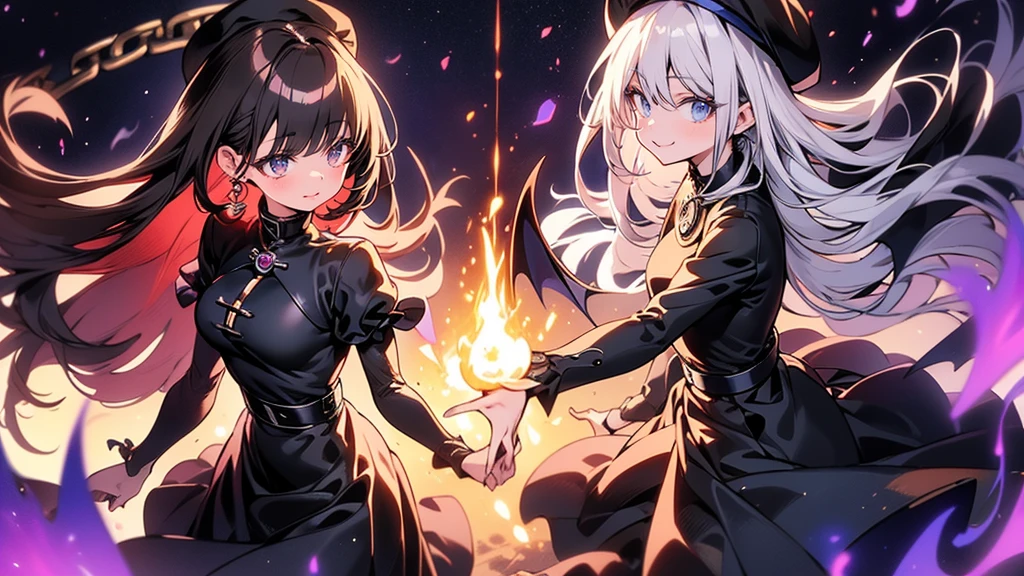 yagami hayate, dark persona, knight, going down the stairs, anime, audience, wand, 1girl, walking, armor, leg armor, cape, runes, evil smile, pillars of fire, octagonal yin yang mirror, black angel wings, stand-up collar, black long china dress, Ruined city, long cheongsam, long Qipao, blue eye, white Beret, brown hair, bob hair, reaching out, talking, purple obi, moonlight, earrings, chains, yin yang, long skirt, beautiful art, depth of field, high res, perfect face, detailed outfit